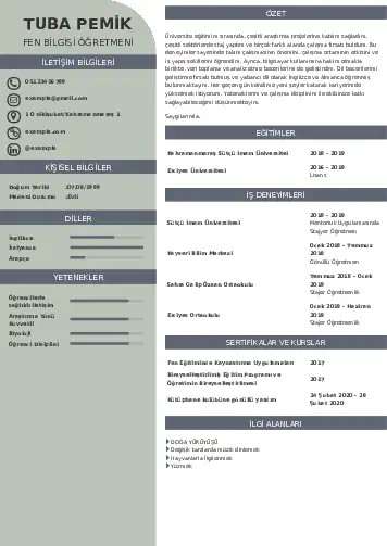 Fen Bilgisi Öğretmeni CV Örnekleri cv indir